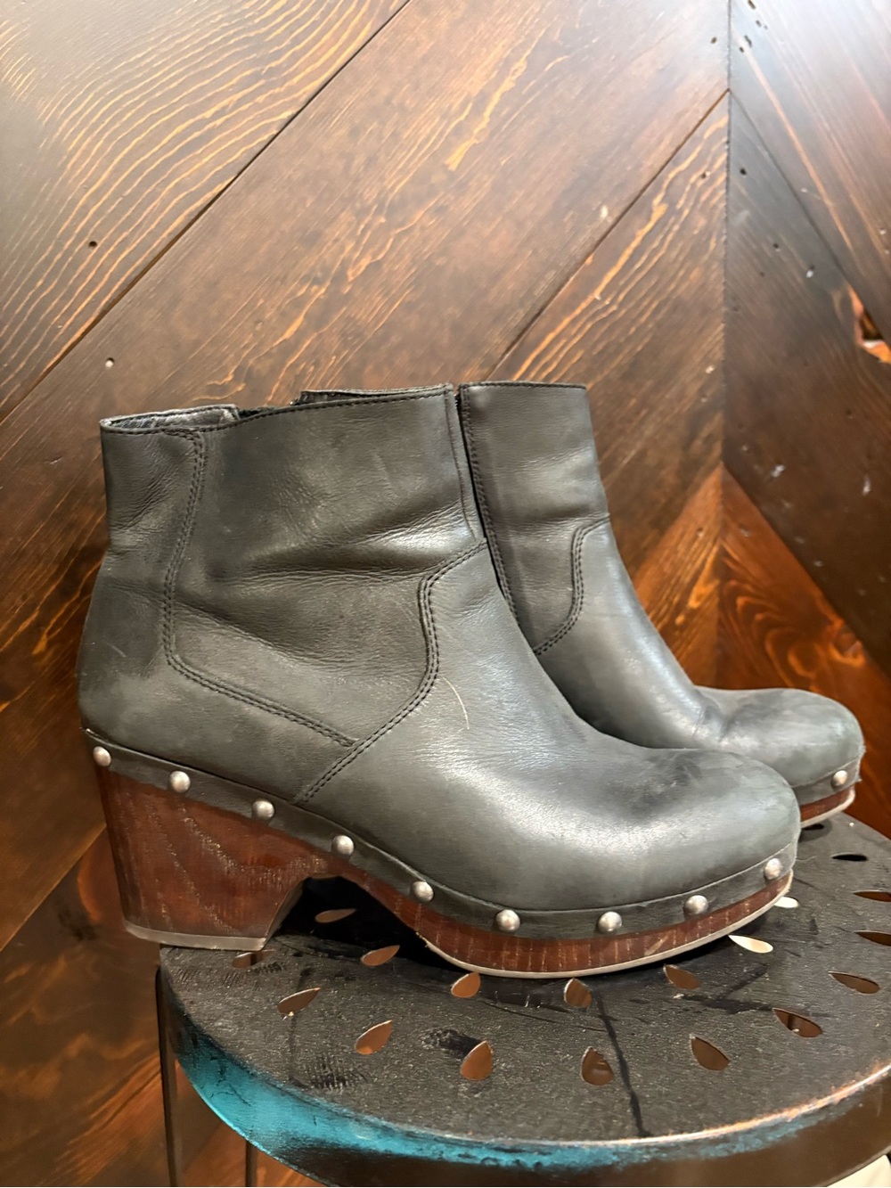 Lucky Brand Black Leather Clog Booties with Wood Heel